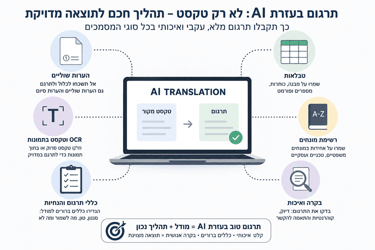 אינפוגרפיקה המציגה את שלבי העבודה לקבלת תרגום איכותי בעזרת AI, כולל הכנת המסמך, כללי פרויקט, רשימת מונחים, הערות שוליים, OCR ובקרת איכות.
