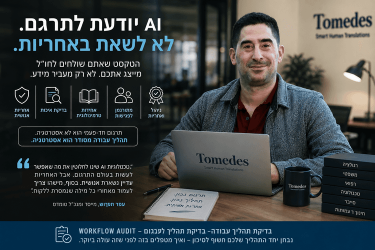 מתן לירון מטומדס מסביר כיצד שילוב בין AI לבקרה אנושית מסייע להפחית טעויות תרגום ולשמור על אמינות במסמכים עסקיים בינלאומיים.