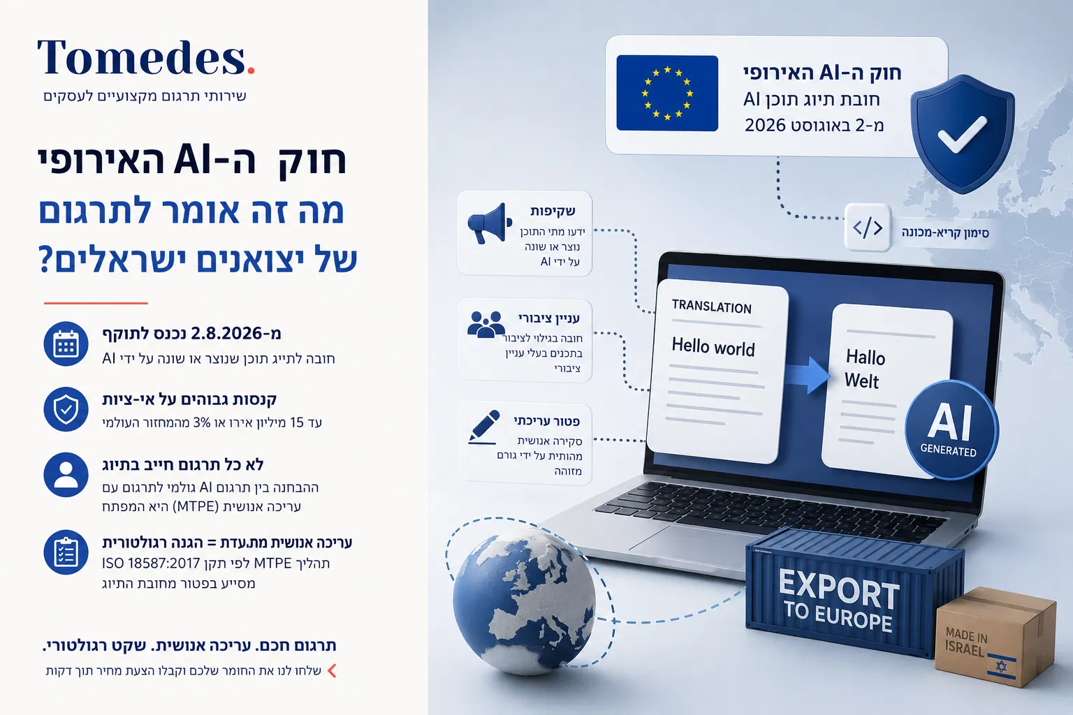 וואטרמארק בתרגום AI: מה חוק ה-AI האירופי דורש מיצואנים ישראלים